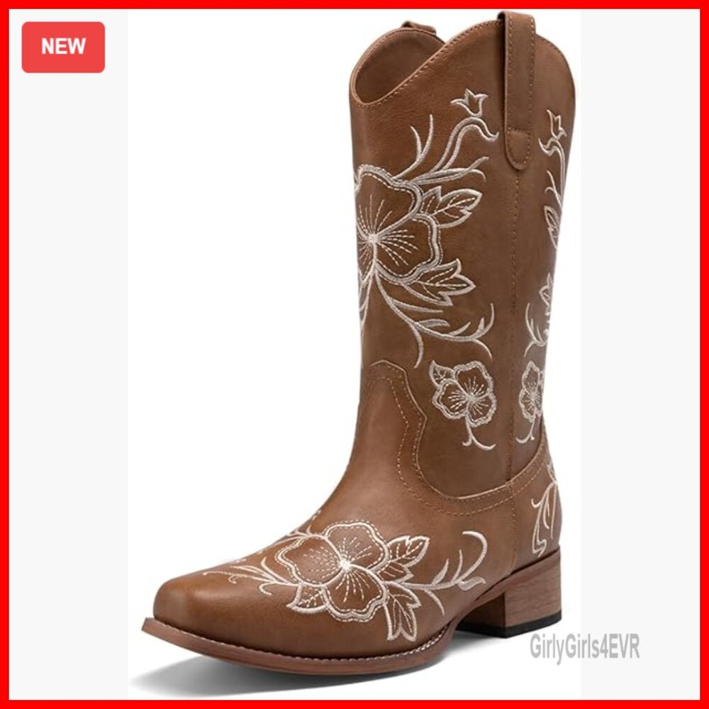 Western Cowboy Boots Square Toe Embroidered Mid Calf Low Heel Faux Leather